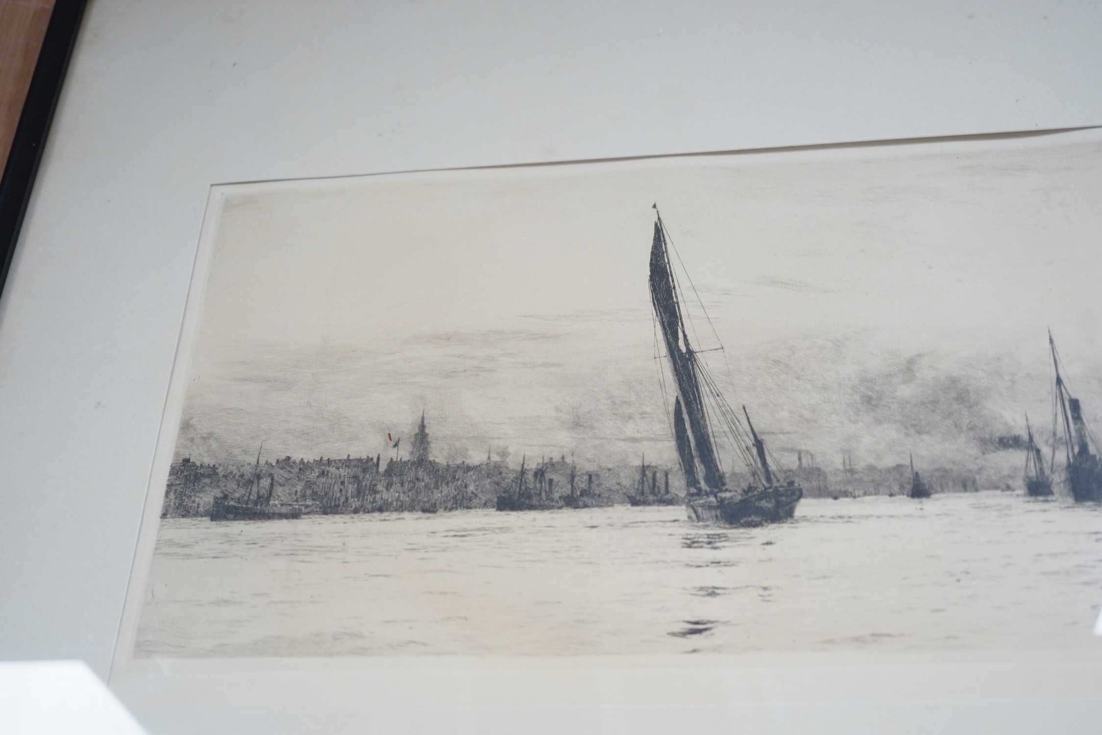 William Lionel Wylie (1851-1931), drypoint etching, Ships in convoy, signed in pencil outside the plate, 12 x 34cm, together with another similar, unsigned, 20 x 50 cm